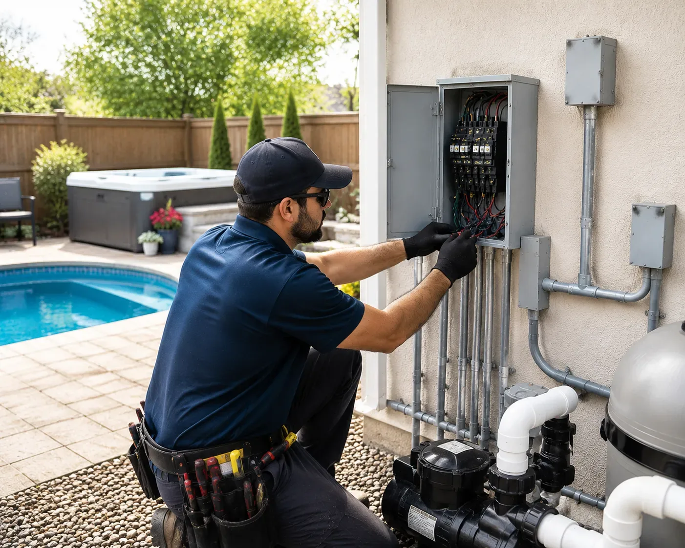 Electrician installing pool and hot tub electrical equipment
