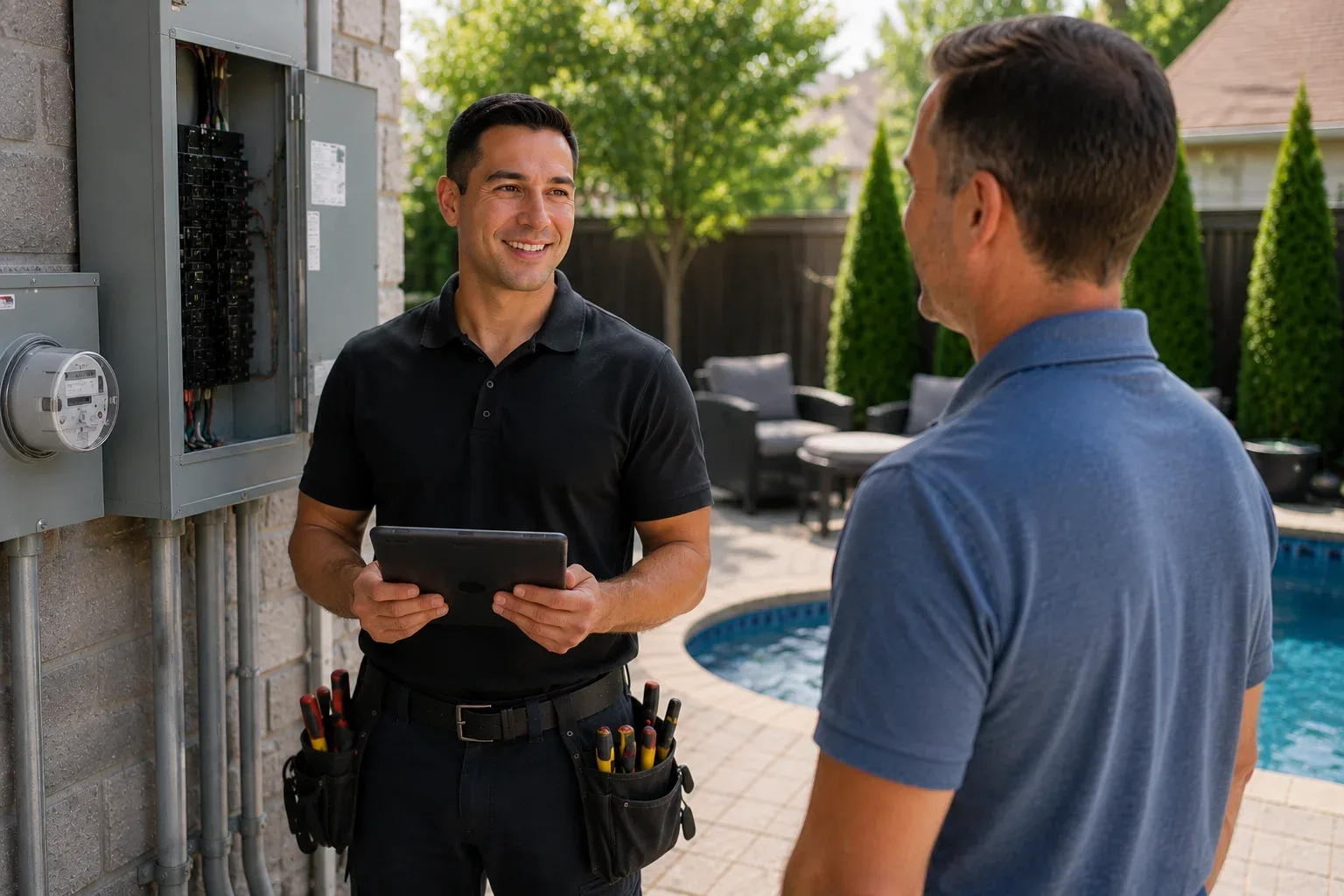 Electrician discussing pool and hot tub electrical services with a homeowner during a residential outdoor consultation.