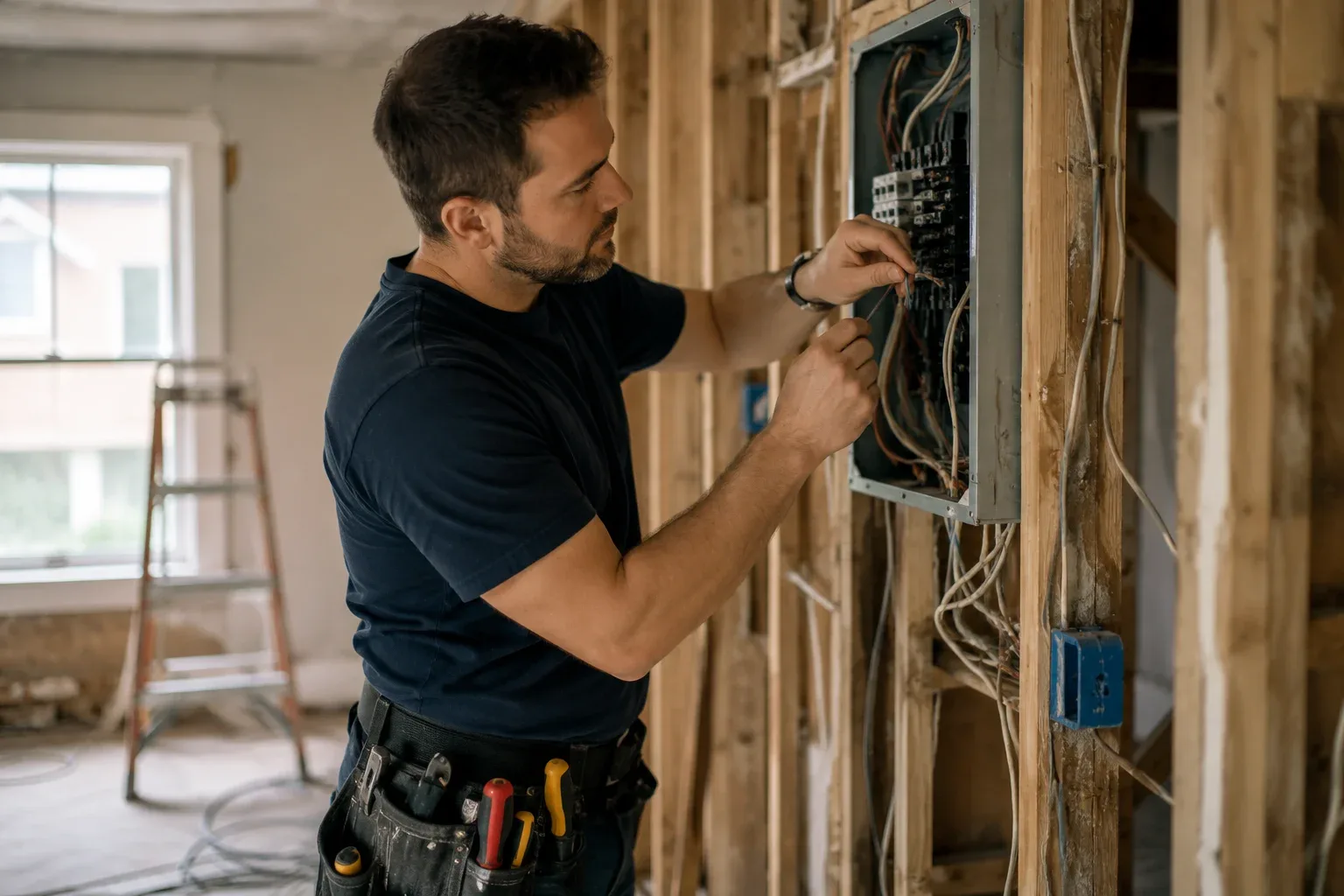 Electrician working on residential wiring and rewiring