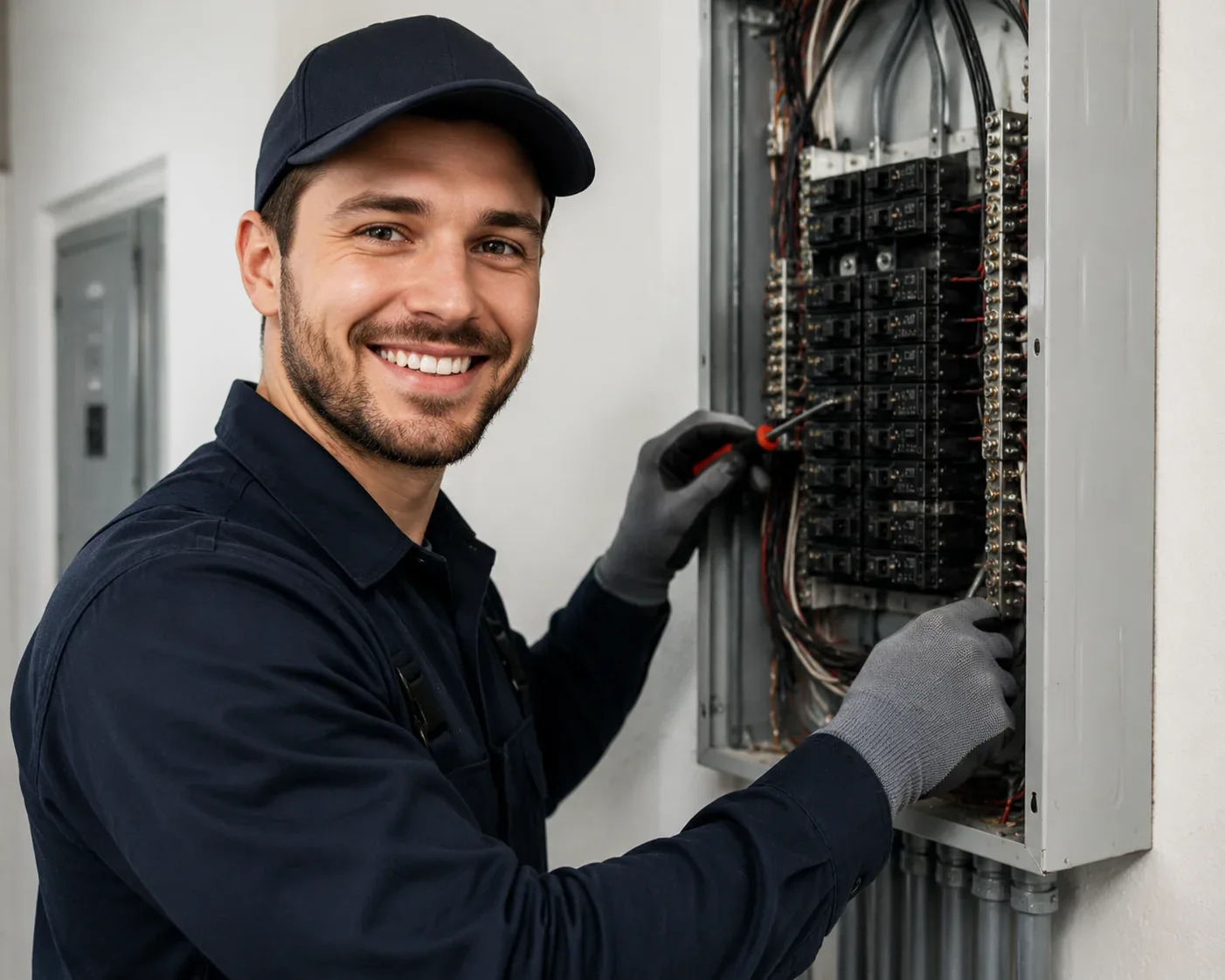 Electrician smiling at the camera while working on wiring and rewiring
