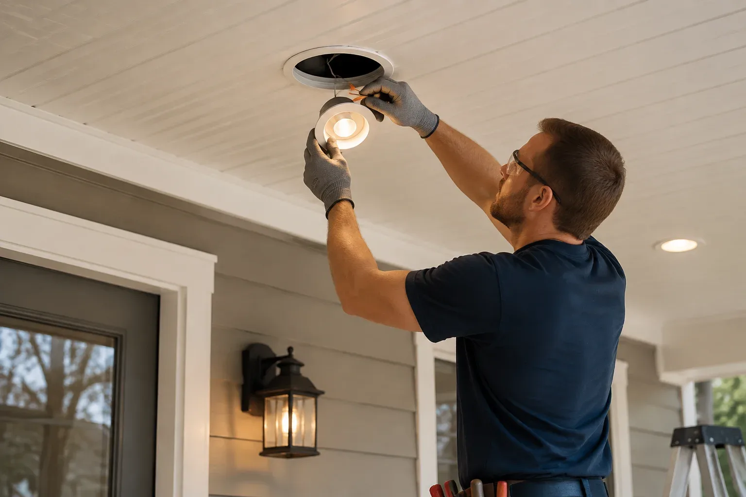 Electrician installing indoor and outdoor lighting fixtures