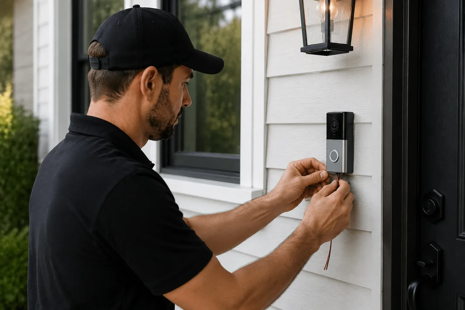 Electrician installing a smart doorbell camera at a residential home