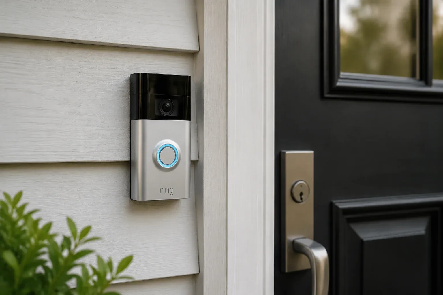 Modern smart doorbell camera installed beside a residential front door on white siding with a blurred outdoor background.