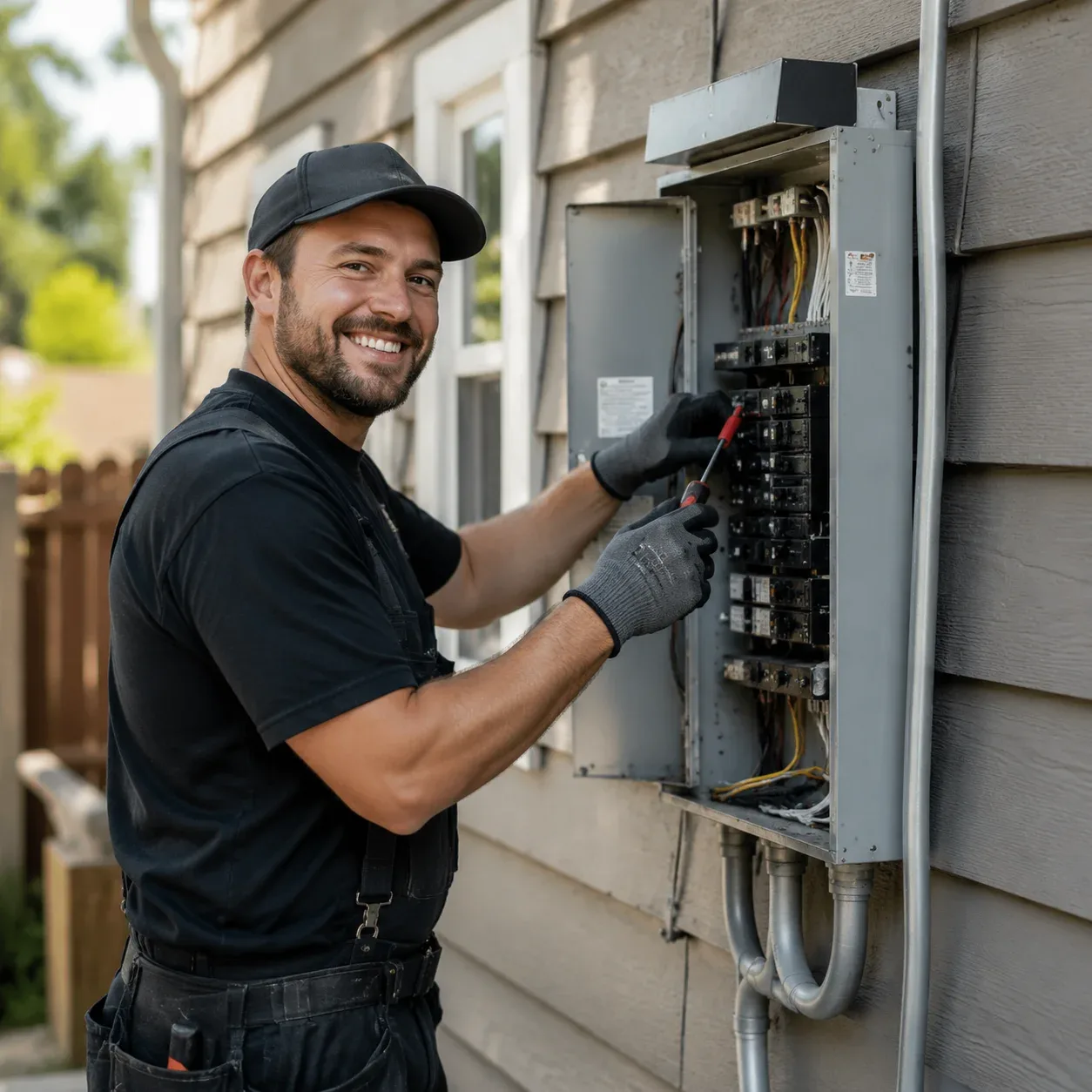 Professional electrician providing electrical service at a residential property