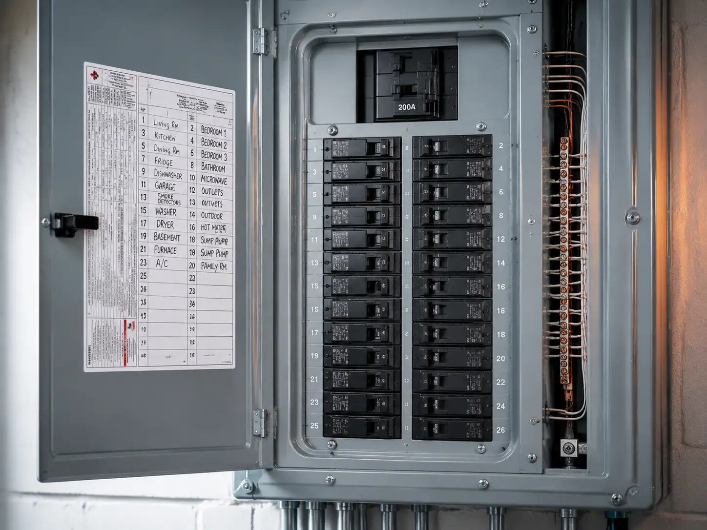 Close-up of a newly installed 200A electrical panel with labelled breakers
