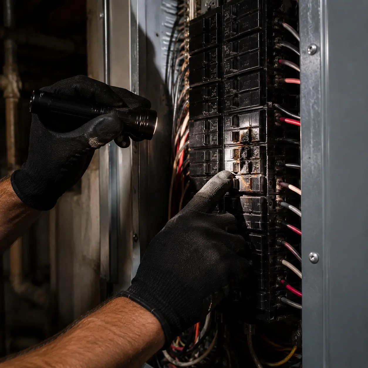 Electrician testing a wall outlet with a voltage tester during an urgent service call