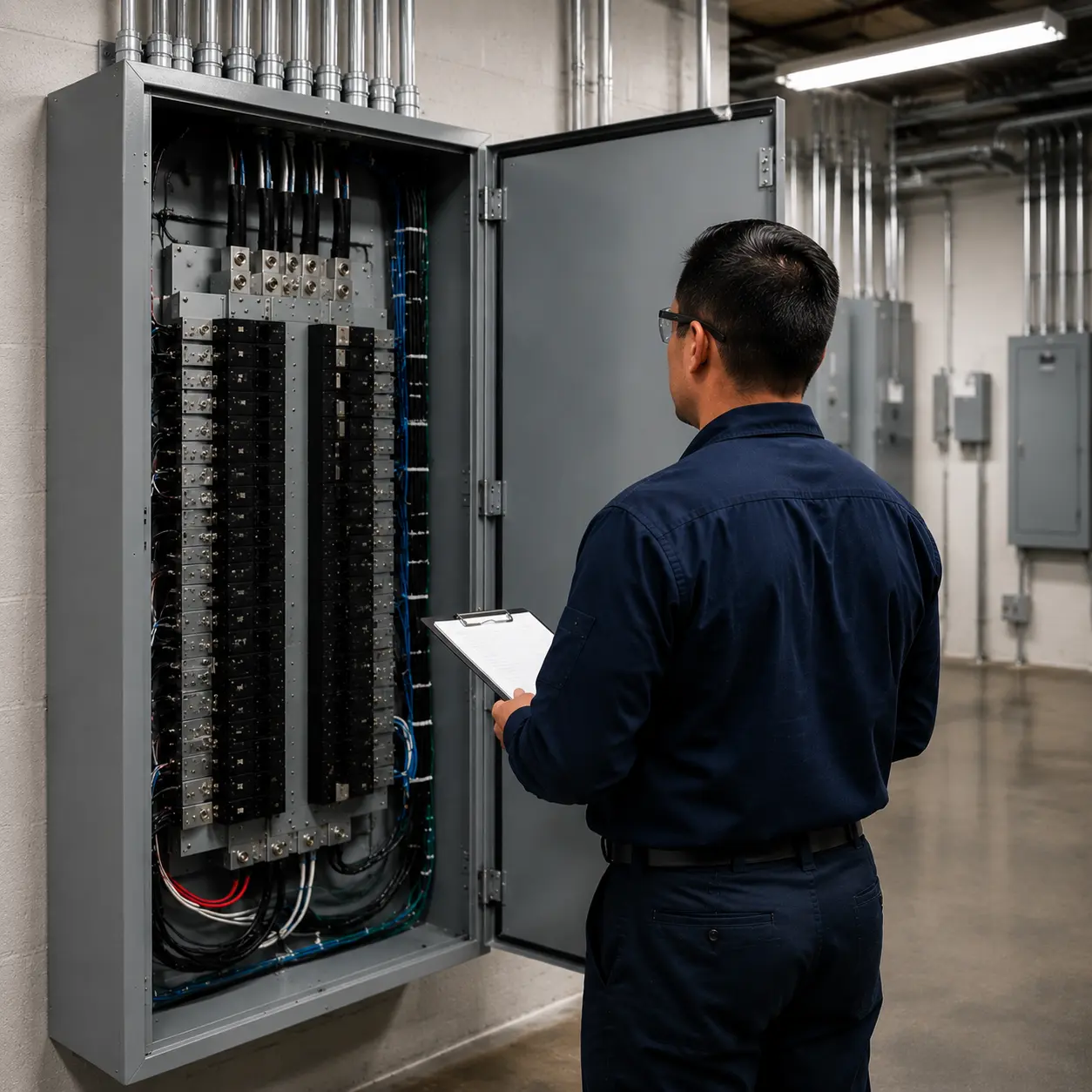 Electrician working on a commercial electrical distribution panel in Etobicoke