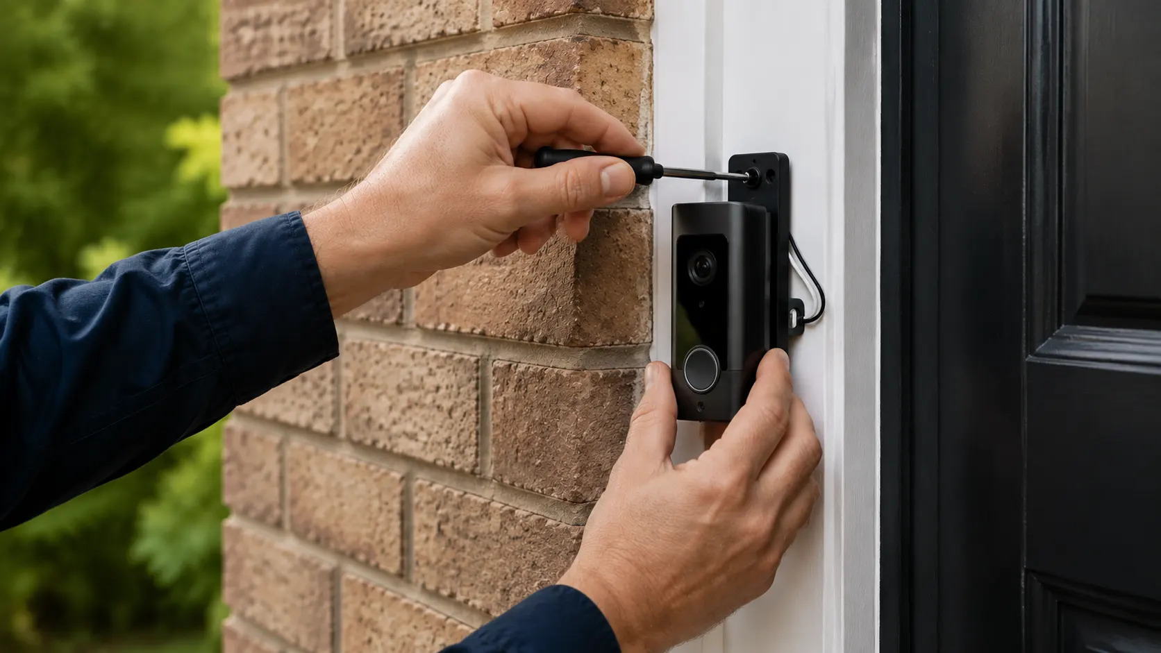 Electrician installing a smart doorbell camera at a home entrance in Etobicoke
